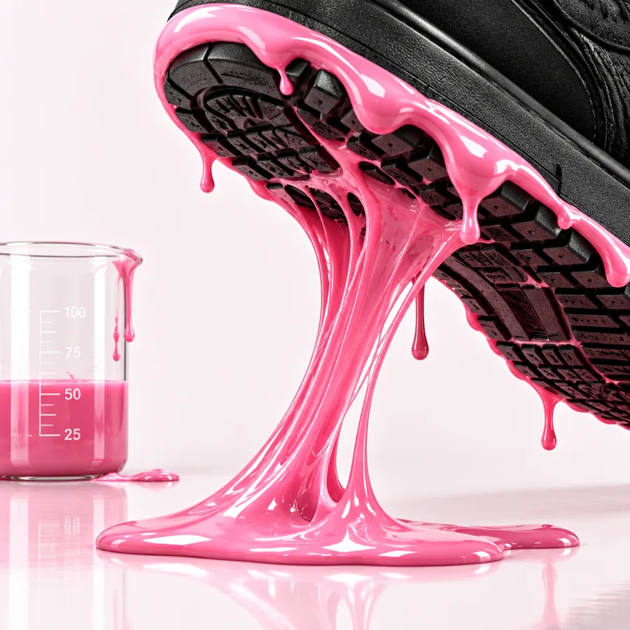 A pink bubblegum strand stretching from a sneaker sole next to a beaker