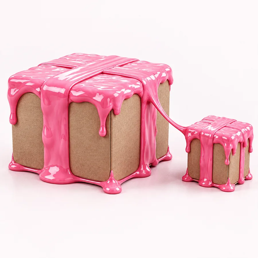 A shipping box sealed with dripping pink bubblegum